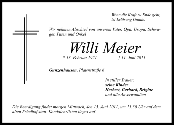 Traueranzeige von Willi Meier von Nürnberger Nachrichten