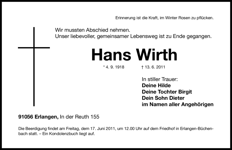 Traueranzeigen Von Hans Wirth | Trauer.nn.de