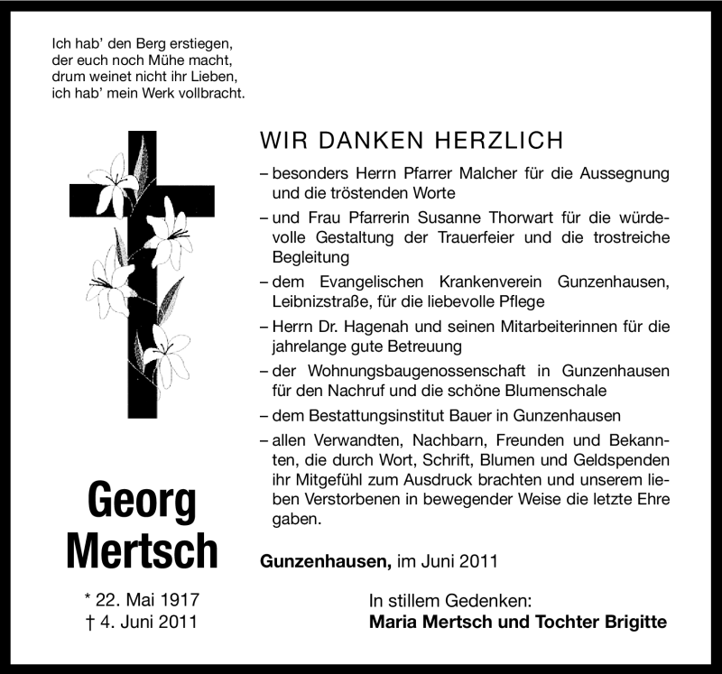  Traueranzeige für Georg Mertsch vom 16.06.2011 aus Nürnberger Nachrichten