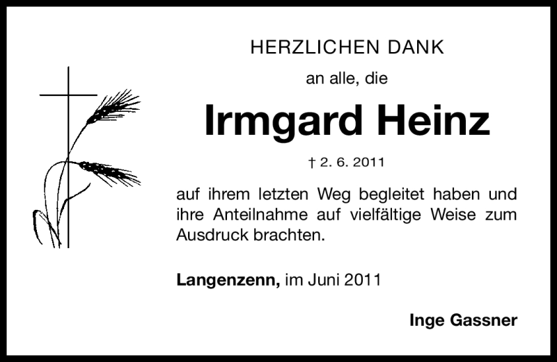  Traueranzeige für Irmgard Heinz vom 18.06.2011 aus Nürnberger Nachrichten