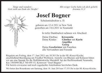 Traueranzeige von Josef Bogner von Nürnberger Nachrichten