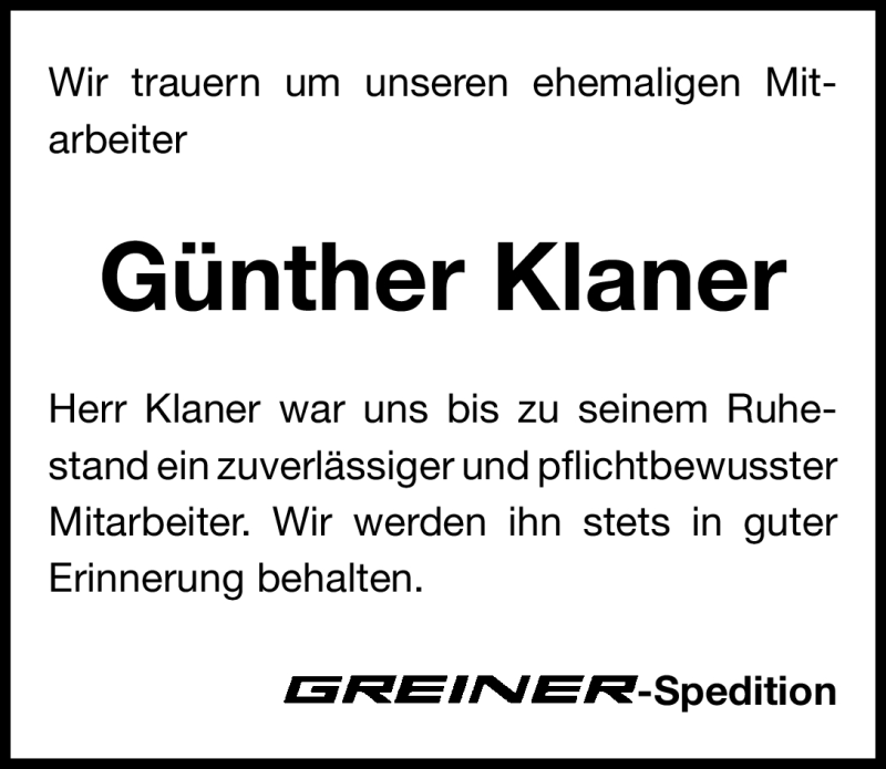  Traueranzeige für Günther Klaner vom 16.06.2011 aus Nürnberger Nachrichten