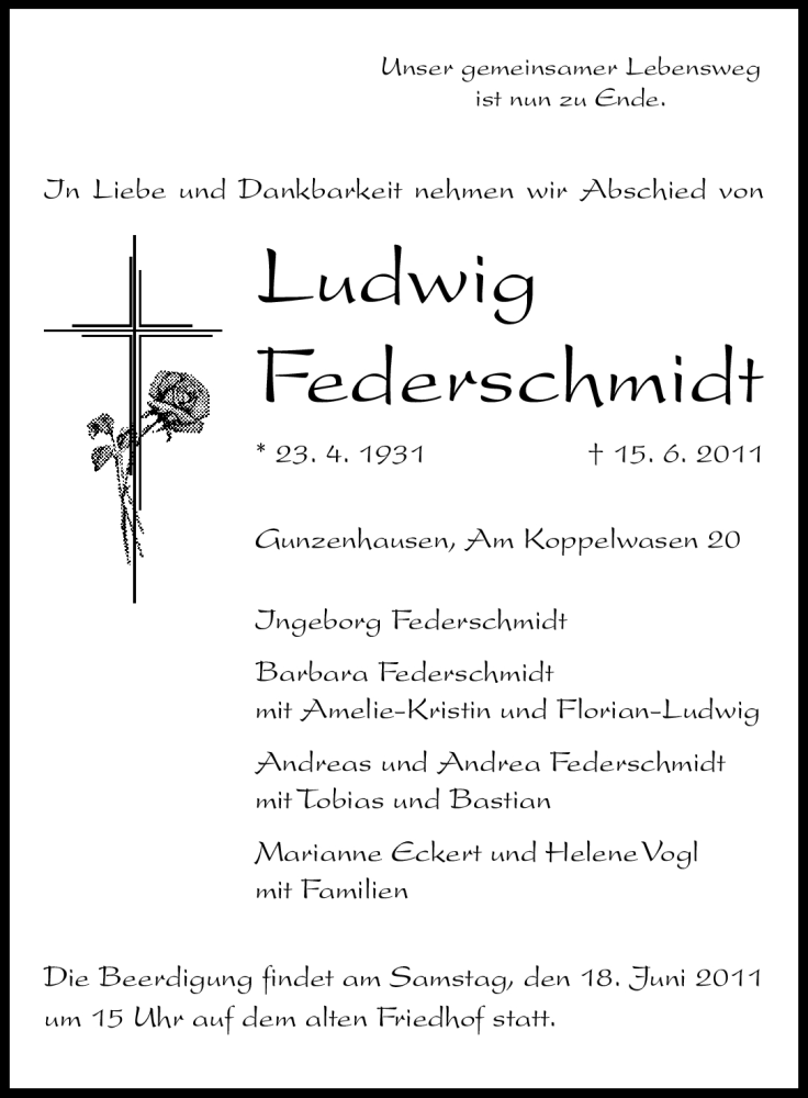  Traueranzeige für Ludwig Federschmidt vom 16.06.2011 aus Nürnberger Nachrichten