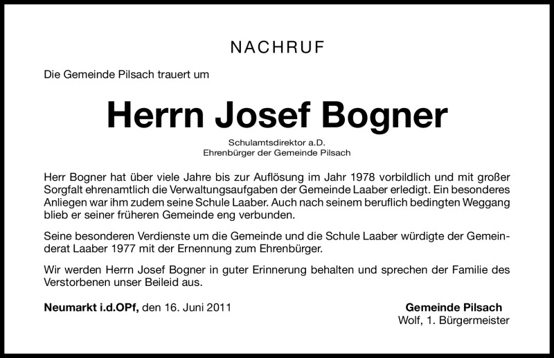  Traueranzeige für Josef Bogner vom 17.06.2011 aus Nürnberger Nachrichten