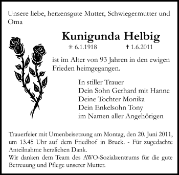 Traueranzeige von Kunigunda Helbig von Nürnberger Nachrichten