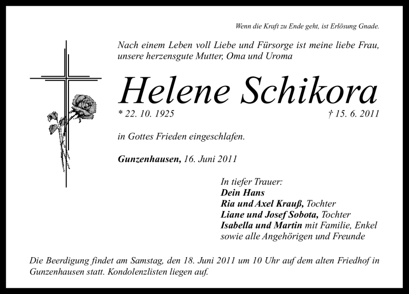  Traueranzeige für Helene Schikora vom 16.06.2011 aus Nürnberger Nachrichten