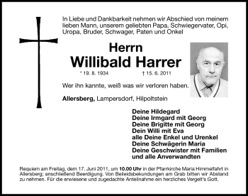 Traueranzeige von Willibald Harrer von Nürnberger Nachrichten