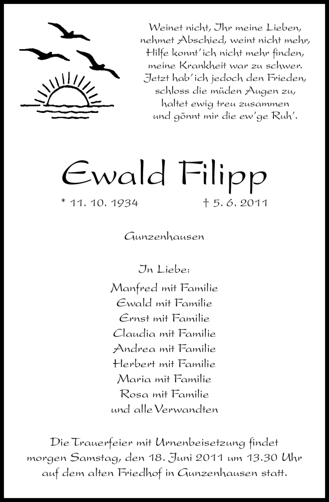  Traueranzeige für Ewald Filipp vom 17.06.2011 aus Nürnberger Nachrichten