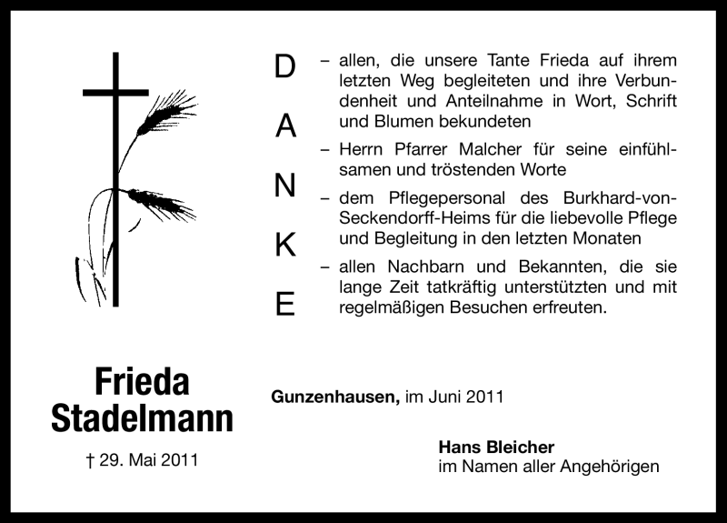 Traueranzeige für Frieda Stadelmann vom 18.06.2011 aus Nürnberger Nachrichten