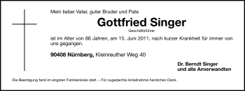 Traueranzeige von Gottfried Singer von Nürnberger Nachrichten