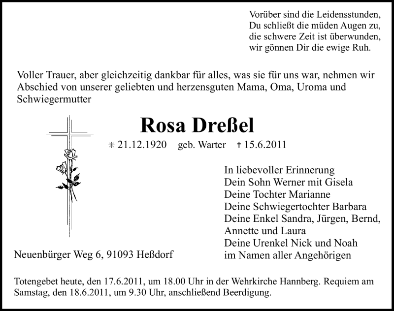  Traueranzeige für Rosa Dreßel vom 17.06.2011 aus Nürnberger Nachrichten