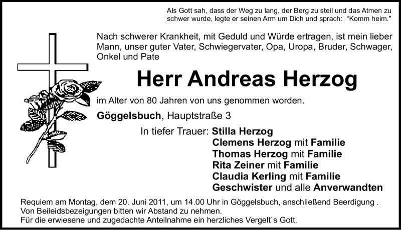  Traueranzeige für Andreas Herzog vom 18.06.2011 aus Nürnberger Nachrichten