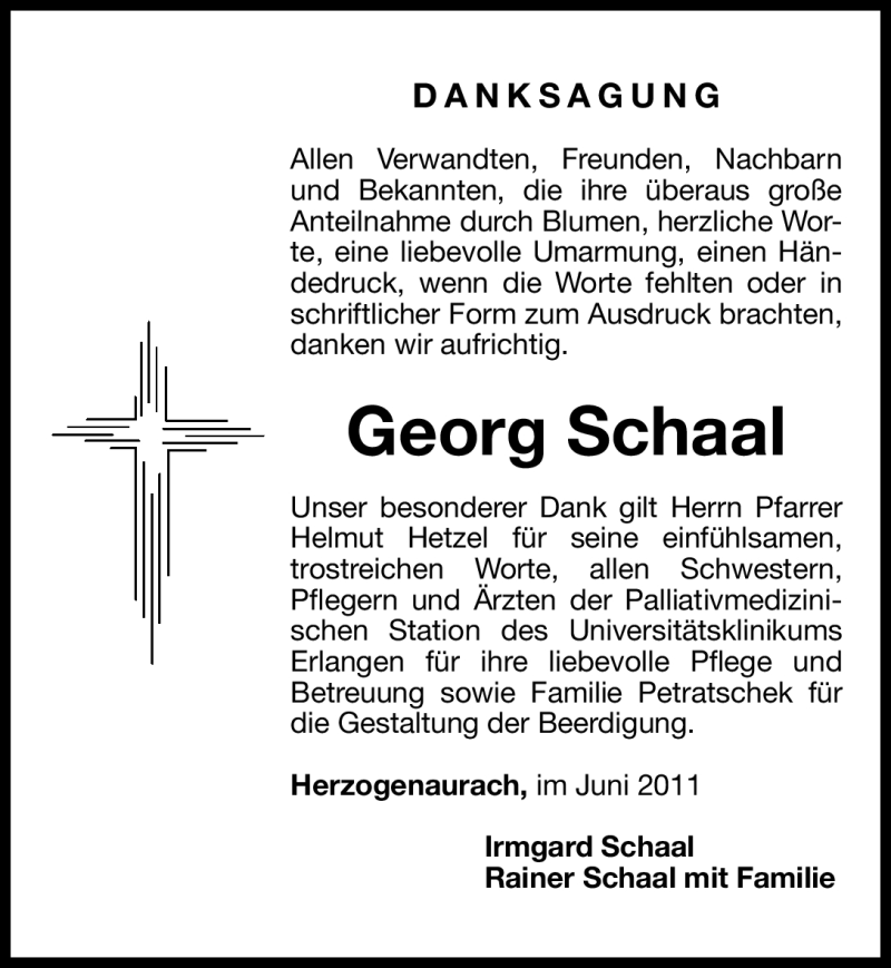  Traueranzeige für Georg Schaal vom 18.06.2011 aus Nürnberger Nachrichten