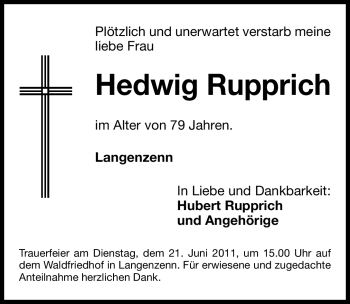 Traueranzeige von Hedwig Rupprich von Nürnberger Nachrichten