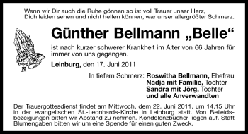 Traueranzeige von Günther Bellmann von Nürnberger Nachrichten