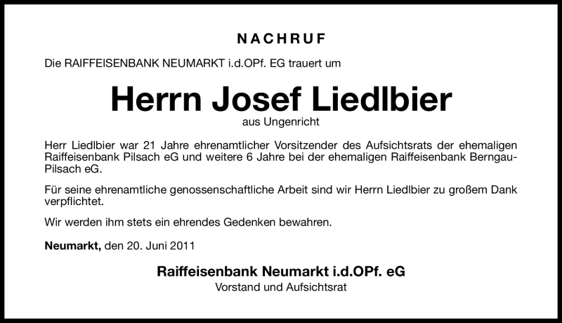  Traueranzeige für Josef Liedlbier vom 21.06.2011 aus Nürnberger Nachrichten