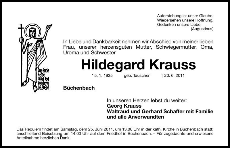  Traueranzeige für Hildegard Krauss vom 22.06.2011 aus Nürnberger Nachrichten