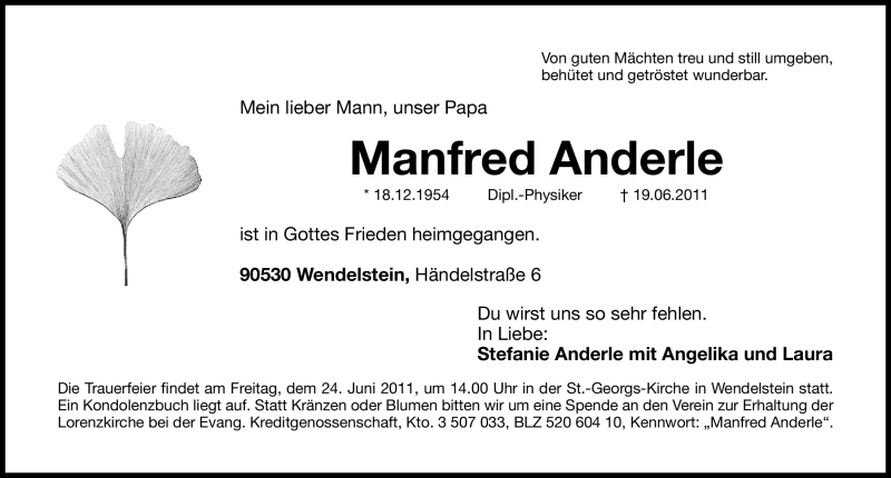 Traueranzeige für Manfred Anderle vom 22.06.2011 aus Nürnberger Nachrichten