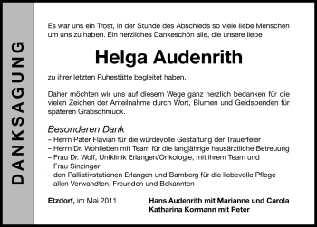 Traueranzeige von Helga Audenrith von Nürnberger Nachrichten