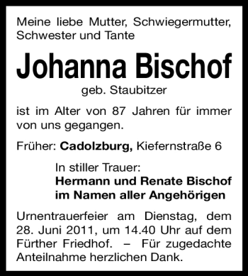 Traueranzeige von Johanna Bischof von Nürnberger Nachrichten
