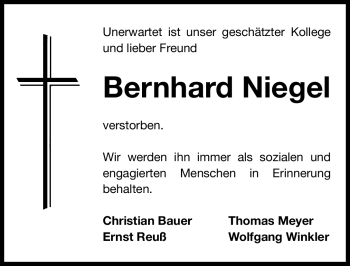 Traueranzeige von Bernhard Niegel von Nürnberger Nachrichten