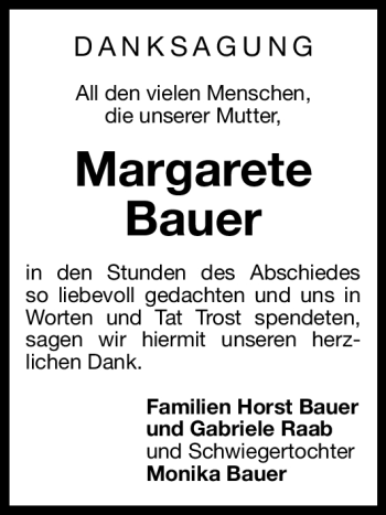 Traueranzeige von Margarete Bauer von Nürnberger Nachrichten