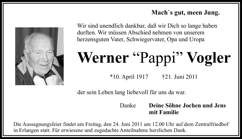 Traueranzeigen von Werner Vogler trauer.nn.de