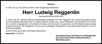Traueranzeige von Ludwig Reggentin von Nürnberger Nachrichten