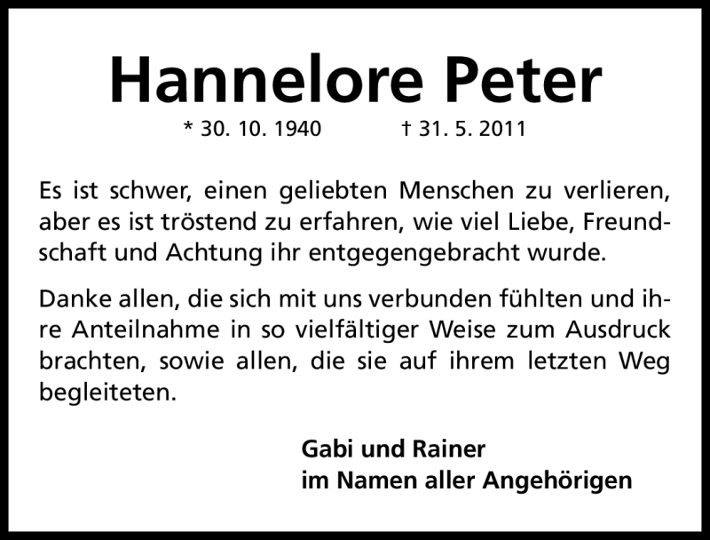 Traueranzeige für Hannelore Peter vom 27.06.2011 aus Nürnberger Nachrichten