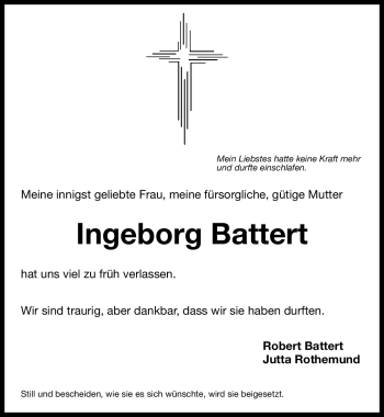 Traueranzeige von Ingeborg Battert von Nürnberger Nachrichten