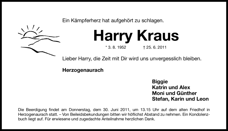  Traueranzeige für Harry Kraus vom 28.06.2011 aus Nürnberger Nachrichten