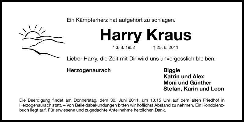  Traueranzeige für Harry Kraus vom 28.06.2011 aus Nürnberger Nachrichten