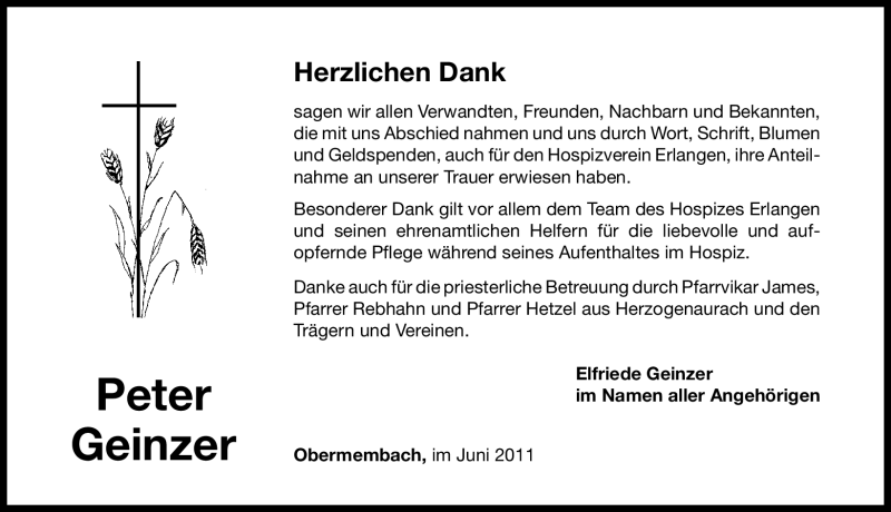  Traueranzeige für Peter Geinzer vom 29.06.2011 aus Nürnberger Nachrichten