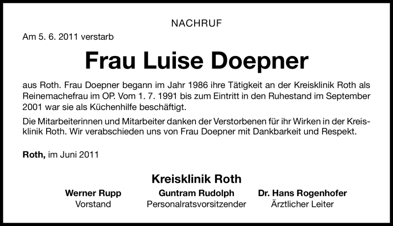  Traueranzeige für Luise Doepner vom 30.06.2011 aus Nürnberger Nachrichten