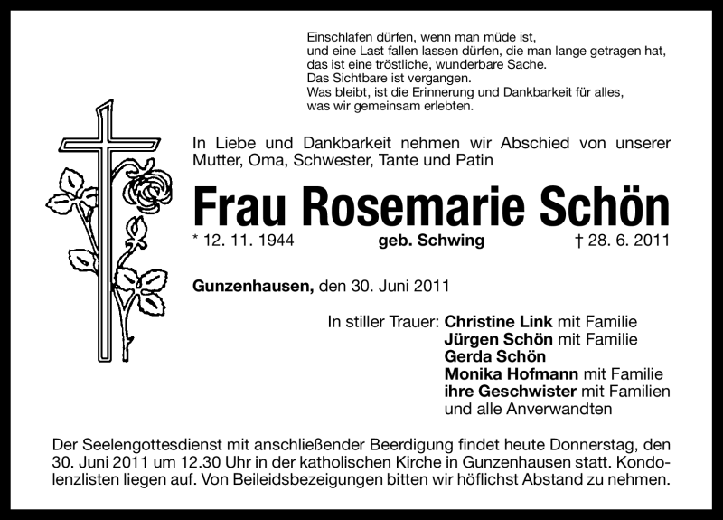  Traueranzeige für Rosemarie Schön vom 30.06.2011 aus Nürnberger Nachrichten