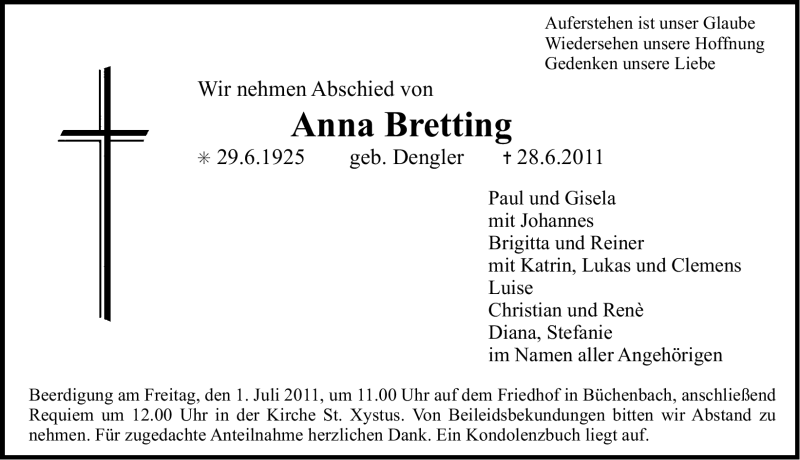  Traueranzeige für Anna Bretting vom 30.06.2011 aus Nürnberger Nachrichten