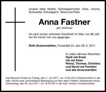 Traueranzeige von Anna Fastner von Nürnberger Nachrichten