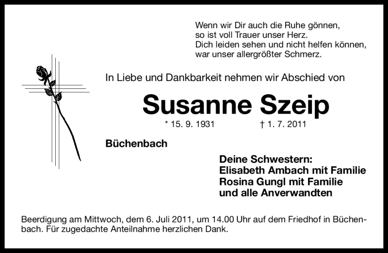  Traueranzeige für Susanne Szeip vom 04.07.2011 aus Nürnberger Nachrichten
