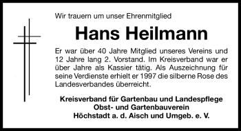 Traueranzeige von Hans Heilmann von Nürnberger Nachrichten