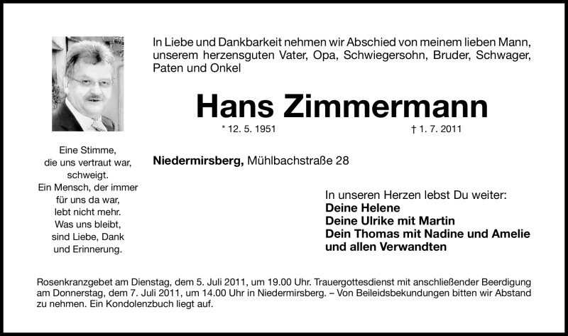  Traueranzeige für Hans Zimmermann vom 05.07.2011 aus Nürnberger Nachrichten