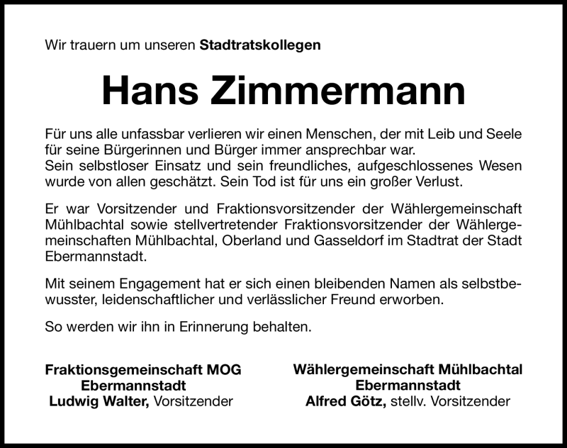  Traueranzeige für Hans Zimmermann vom 05.07.2011 aus Nürnberger Nachrichten