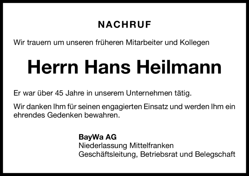  Traueranzeige für Hans Heilmann vom 05.07.2011 aus Nürnberger Nachrichten