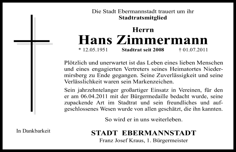  Traueranzeige für Hans Zimmermann vom 05.07.2011 aus Nürnberger Nachrichten