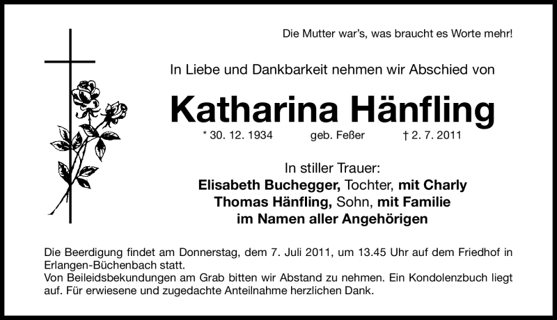  Traueranzeige für Katharina Hänfling vom 06.07.2011 aus Nürnberger Nachrichten