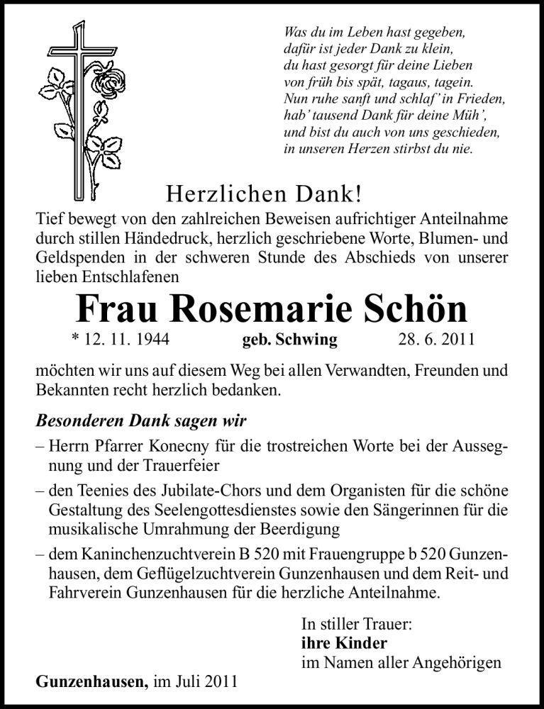  Traueranzeige für Rosemarie Schön vom 06.07.2011 aus Nürnberger Nachrichten