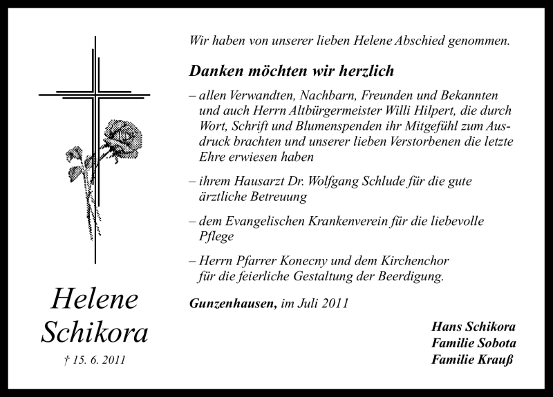  Traueranzeige für Helene Schikora vom 06.07.2011 aus Nürnberger Nachrichten