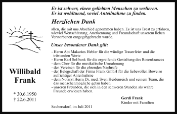 Traueranzeige von Willibald Frank von Nürnberger Nachrichten