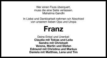 Traueranzeige von Franz  von Nürnberger Nachrichten