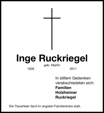 Traueranzeige von Inge Ruckriegel von Nürnberger Nachrichten