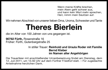Traueranzeige von Theres Bierlein von Nürnberger Nachrichten